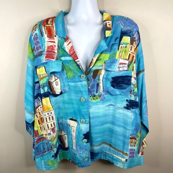 Vintage 90s Coastal Seaside Art To Wear Jacket 2X Impressionist Shacket Top - Picture 1 of 14